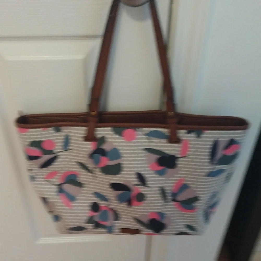 Fossil Brown and Pink Floral Vegan Tote with Brown Leather Accents